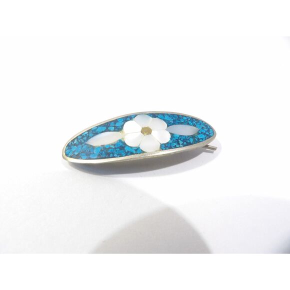 Vintage Daisy Flower Mother of Pearl Inlay Blue Turquoise Hair Clip, 1.75" - Picture 1 of 12